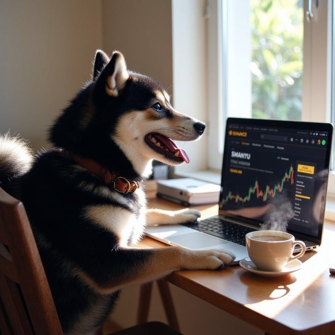 A black and tan Shiba Inu dog sits at a wooden desk in front of a window, looking at a laptop screen displaying a cryptocurrency trading chart, with a steaming cup of coffee beside it.
