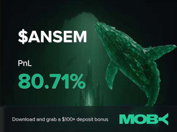 A promotional graphic from Moby displays a trader named "$ANSEM" achieving an impressive PnL of 80.71%, set against a dark underwater scene featuring a large whale and crystalline structures, with a call-to-action offering a $100+ deposit bonus to download the Moby Mobile app.