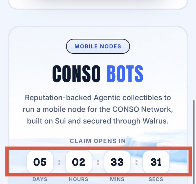 A promotional card for CONSO BOTS mobile nodes on the Sui network, highlighting a free mint countdown showing 05 days, 02 hours, 33 minutes, and 31 seconds remaining until claiming opens.