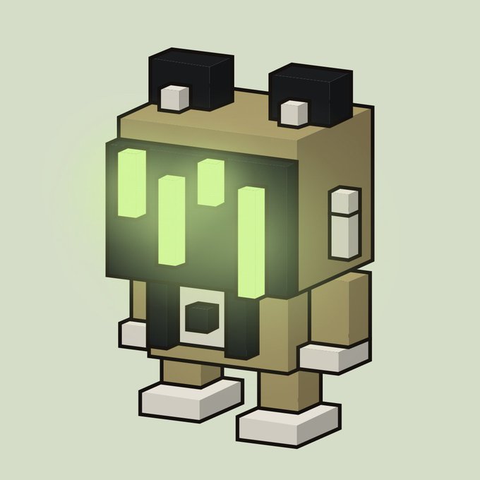 A pixel-art robot character with a blocky design, glowing green digital display face, and small black ears stands against a soft green background, serving as a cute mascot for the SPARK project's crypto launchpad announcement on Robinhood Chain.
