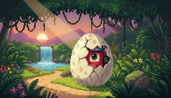 A pixel art scene shows a cracked white egg revealing a red creature with a single green eye and an antenna, sitting on a path in a lush jungle with a waterfall and sunset in the background.