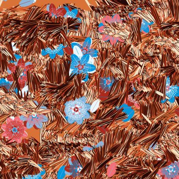 The image shows a chaotic abstract painting dominated by rust-orange, copper, and brown tones, featuring energetic textured brushstrokes interspersed with bright blue and pink flowers with dark blue dotted accents. The post praises it as a "Goated collection" and a "Blue chip GRAIL," suggesting the artwork is a highly coveted, top-tier piece in a collection, with its bold, richly textured abstract florals embodying the kind of masterpiece status collectors chase.