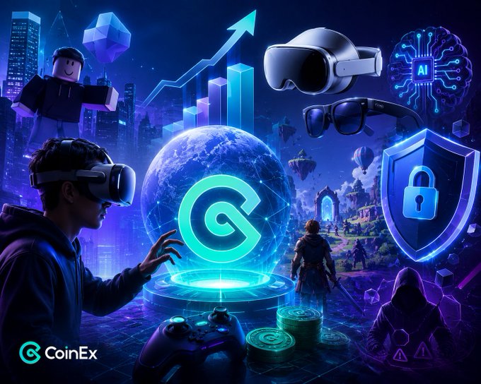 A promotional graphic for CoinEx featuring VR headsets, an AI brain, a glowing 'G' logo, a person gaming, and futuristic city imagery.
