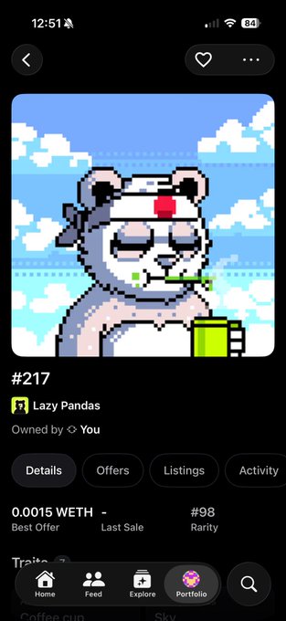 A mobile NFT marketplace screenshot showing a pixel art 'Lazy Pandas' bear character (#217) with sunglasses and a drink, listed at 0.0015 WETH.