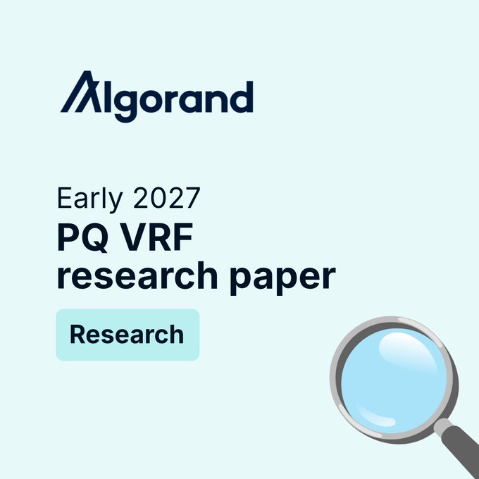 An Algorand graphic announcing an 'Early 2027 PQ VRF research paper' with a magnifying glass illustration.