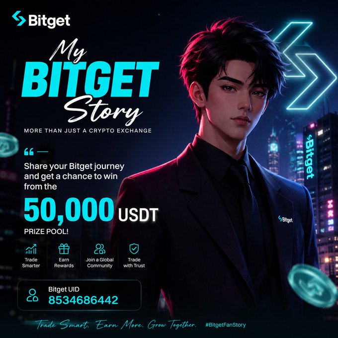 Promotional advertisement for Bitget featuring an illustrated male character in a suit, with text 'My BITGET Story - MORE THAN JUST A CRYPTO EXCHANGE' and offering a chance to win from a '50,000 USDT PRIZE POOL!' alongside a Bitget UID '8534686442'.