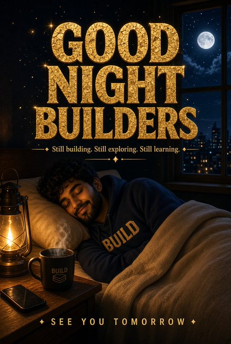 A stylized graphic features golden glittery text reading 'GOOD NIGHT BUILDERS' above a subtitle 'Still building, Still exploring, Still learning', depicting a sleeping man wearing a 'BUILD' hoodie next to a steaming mug and lantern, with 'SEE YOU TOMORROW' at the bottom.