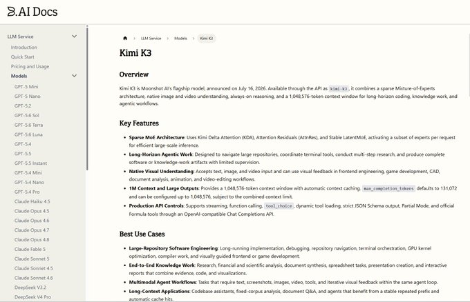 A documentation page from AI Docs showing technical specifications for 'Kimi K3', Moonshot AI's flagship model announced July 16, 2026, detailing features like Sparse MoE Architecture, Long-Horizon Agentic Work, Native Visual Understanding, and 1M Content window, with best use cases including Large-Repository Software Engineering and Multimodal Agent Workflows.