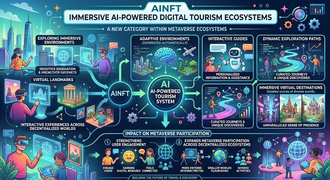 The image displays an infographic of various elements associated with AI-powered digital tourism systems. The content includes different descriptions for each element as well as illustrations of people using such technology, showcasing a diverse range of possibilities within the industry.