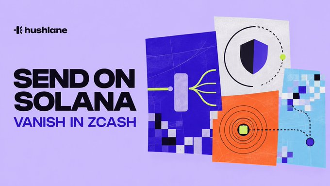 A Hushlane promotional graphic reads 'SEND ON SOLANA, VANISH IN ZCASH' alongside colorful geometric illustrations.