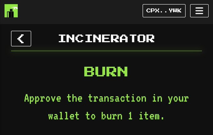 The image shows an old computer monitor displaying a page from the website IncineratorIncinerator.com, which features a white text background with a green arrow pointing towards "Burn", indicating that you should approve a transaction of your choice on this site.