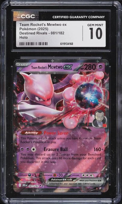 A graded CGC GEM MINT 10 Pokémon card featuring 'Team Rocket's Mewtwo ex' (081/182) from the 2025 Destined Rivals holographic set, with 280 HP and a Giovanni character illustration.