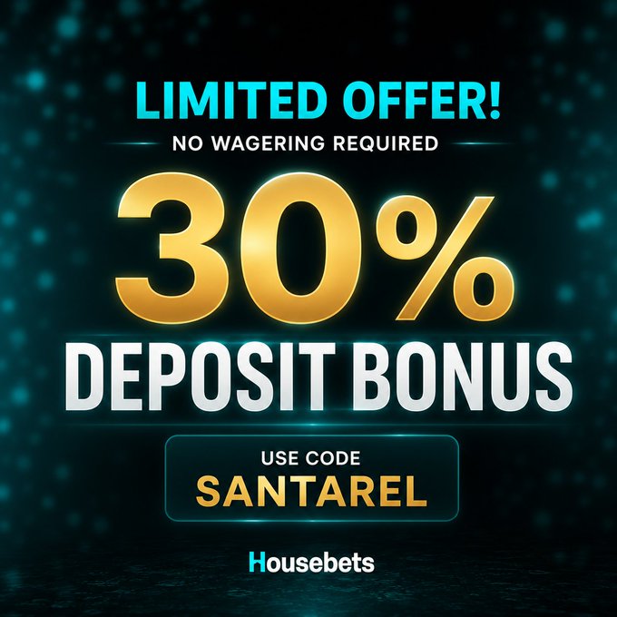 A promotional advertisement for Housebets offering a 'LIMITED OFFER! 30% DEPOSIT BONUS' with 'NO WAGERING REQUIRED' using the code 'SANTAREL'.