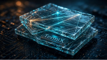 Two transparent blue, glowing cube-like structures stacked on a circuit board, with the top cube etched with geometric lines and the bottom labeled "TermiX," visually representing TermiX's AACP protocol as a portable, transportable identity layer that sits beneath an AI agent's capabilities.
