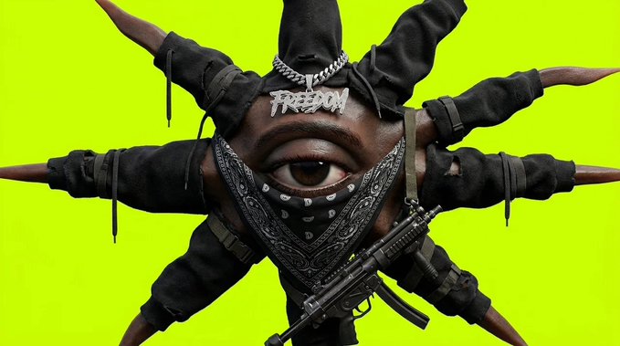 A surreal image features a central face with one large eye, wearing a bandana and a "FREEDOM" chain, surrounded by multiple arms in fingerless gloves, holding a rifle against a bright green background.