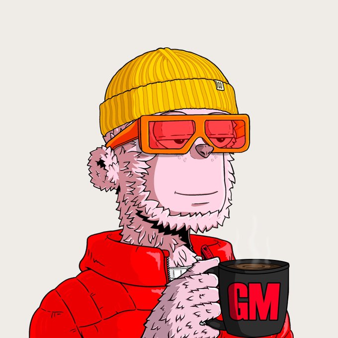 An illustrated cartoon of a pink monkey character wearing a yellow beanie, orange sunglasses, and a red puffer jacket, holding a black mug with red 'GM' text.