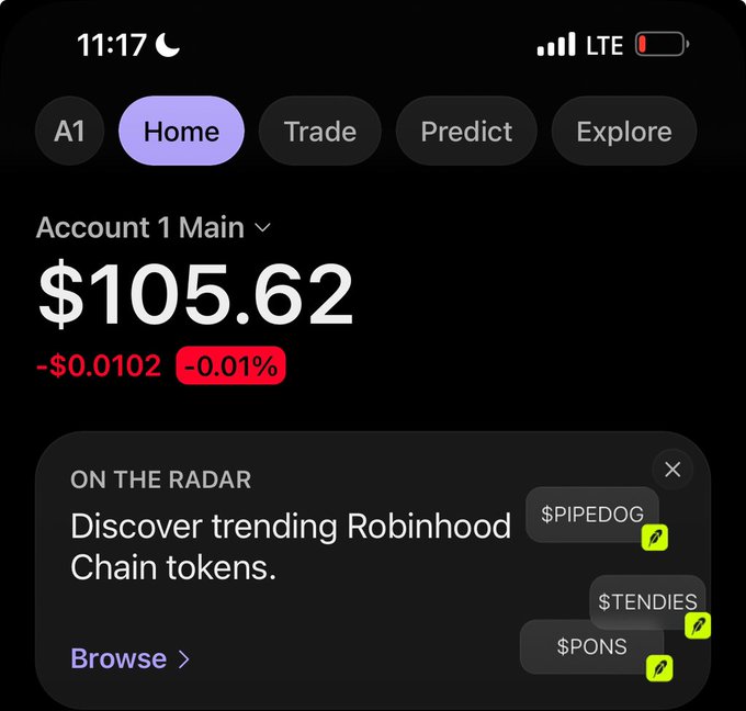 A screenshot of the Robinhood app showing an account balance of $105.62, down $0.0102 (-0.01%), with a promotional banner for trending Robinhood Chain tokens including $PIPEDOG, $TENDIES, and $PONS.