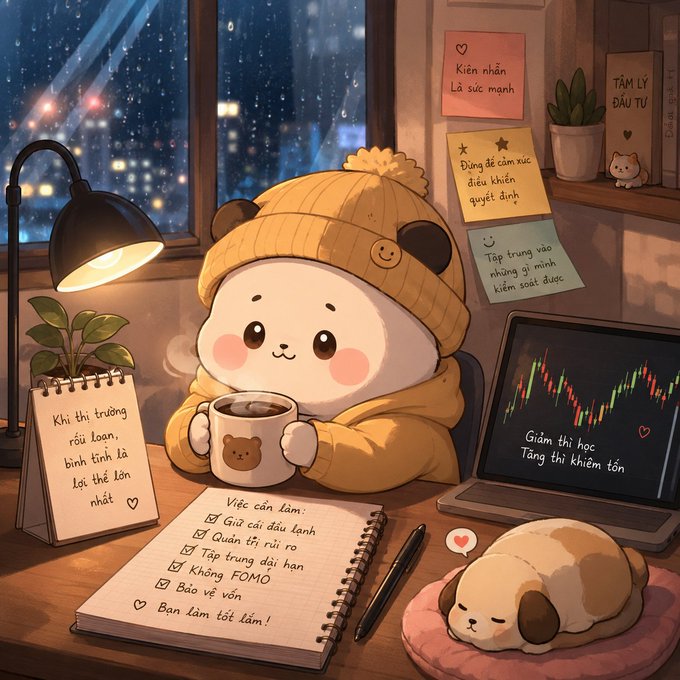 A digital illustration of a cute panda-like character wearing a yellow beanie and sweater, sitting at a desk with a steaming cup of coffee, holding it with both paws. The desk has a checklist, motivational notes in Vietnamese, a laptop showing a stock chart, and a sleeping puppy in a pink bed, with a snowy night cityscape visible through the window.