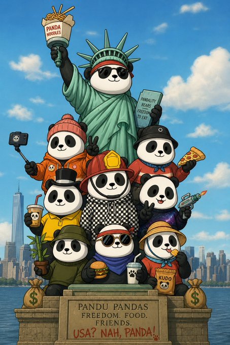 A cartoon illustration shows a group of cheerful pandas gathered around a Statue of Liberty figure, holding items like noodles, pizza, and snacks, with signs reading "PANDA NOODLES" and "PANDALITY MEANS FREEDOM TO EAT." The base reads "PANDU PANDAS FREEDOM, FOOD, FRIENDS - USA? NAH, PANDA!" alongside money bags, playfully promoting the $PANDU token by merging American iconography with panda-themed messaging about food and community.