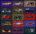 A pixel art piece arranged in a grid, displaying various small vehicles including cars, trucks, and motorcycles in different colors.