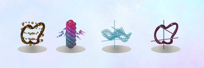 Four 3D-rendered molecular or atomic models in different colors (gold, pink/purple, blue, and dark red) displayed on a light, airy background.