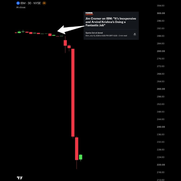 A 30-minute candlestick chart of IBM on the NYSE shows a sharp price drop from approximately $292 to around $230, with a news headline stating "Jim Cramer on IBM: 'It's Inexpensive and Avoid Michael's Doing a Fantastic Job'" highlighted by an arrow—illustrating how Cramer's commentary coincided with a dramatic sell-off, suggesting his public statements may have influenced market sentiment against retail investors' favor.
