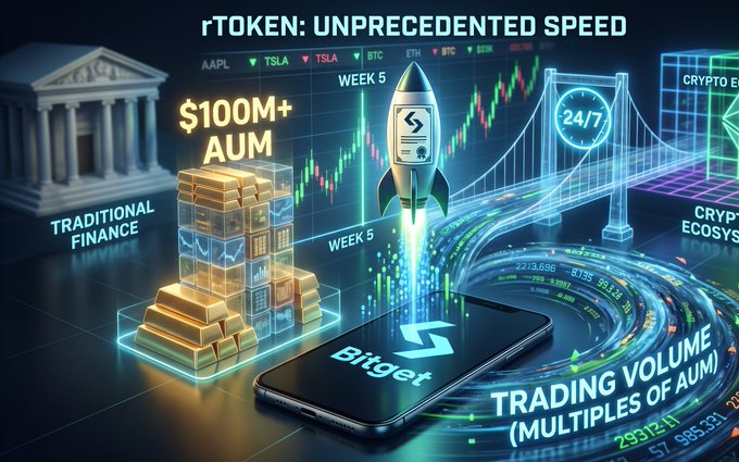 A promotional graphic titled 'fTOKEN: UNPRECEDENT SPEED' featuring stock tickers (AAPL, TSLA, BTC, ETH), trading charts, gold bars labeled '$100M+ AUM TRADITIONAL FINANCE', and a smartphone displaying the Bitget logo.