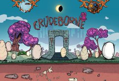 Title screen for a video game called 'CRUDEBORNE' featuring a pixel art landscape with trees, an archway, floating eggs, and creatures on the ground beneath a celestial body in the sky.