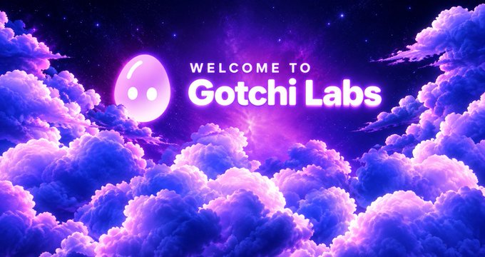 A purple and pink cosmic-themed banner that reads 'WELCOME TO Gotchi Labs' featuring a ghost-like egg character among clouds.