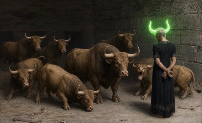 A surreal dark fantasy scene showing a woman in a black dress with glowing green horns on her head facing a herd of fierce brown bulls in a stone chamber.