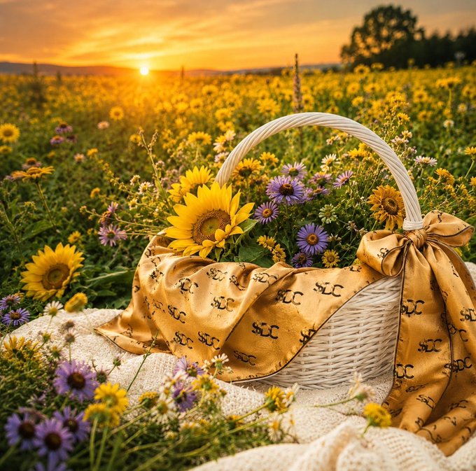 A white wicker basket filled with sunflowers, daisies, and other wildflowers draped with a gold "SC" patterned scarf sits in a flower field at sunset.