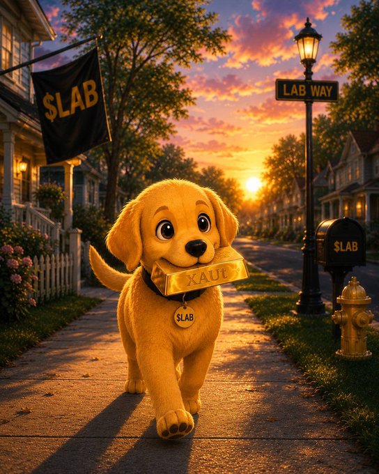 An adorable golden puppy strolls down a sunset-lit "Lab Way" with a $LAB flag, tag, and a "XAU" gold bar in its mouth, symbolizing the crypto token's journey toward gold.