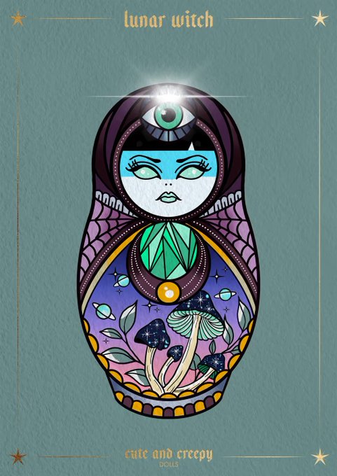 An illustration titled 'lunar witch' featuring a stylized matryoshka doll with an eye on its forehead, surrounded by mushrooms, planets, and a crystal, labeled 'cute and creepy DOLLS' at the bottom.