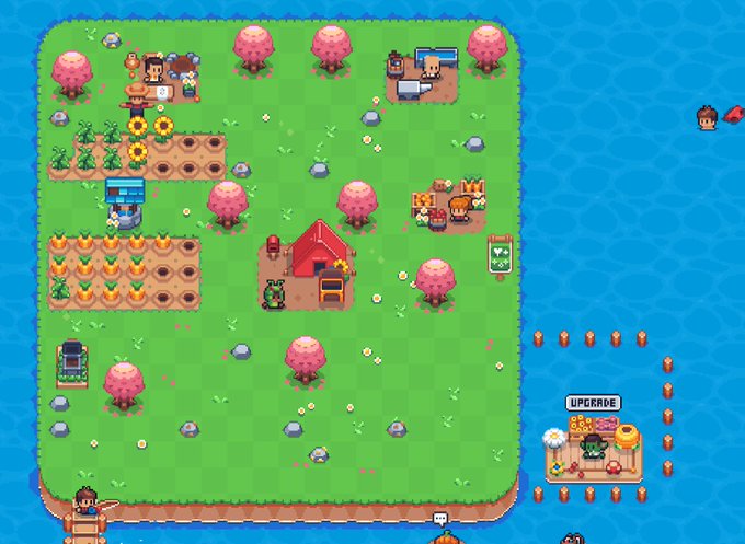 Pixel-art farm simulation game scene with a player character farming crops, a small house, NPCs, and cherry blossom trees on a grassy island surrounded by water.
