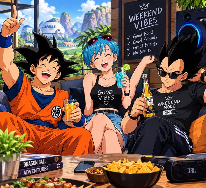An anime illustration of Dragon Ball characters including Goku enjoying a "Weekend Vibes" hangout with snacks, drinks, and a "WEEKEND MODE ON" sign.