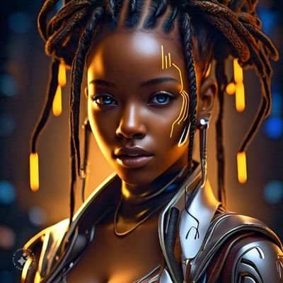 A digital portrait of a Black woman with braided hair and glowing yellow accents on her face, wearing ornate armor with a futuristic aesthetic.