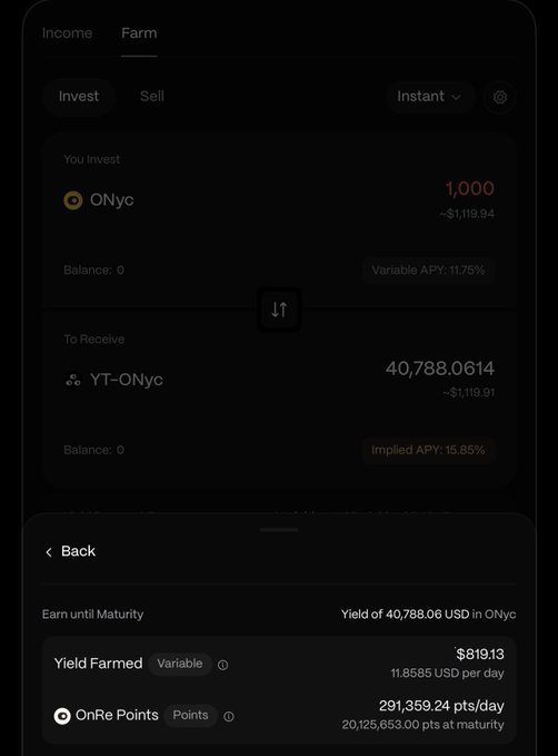 Mobile app screenshot of OnRe's Farm tab showing an investment of 1,000 ONyc (~$1,119.84) to receive 40,788.0614 YT-ONyc (~$1,119.91), with a Variable APY of 11.75%, implied APY of 15.85%, and 20,125,653.00 OnRe Points expected at maturity.