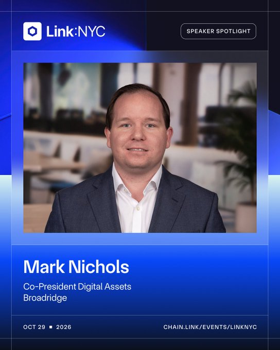 The image is a "Speaker Spotlight" promotional graphic for Link:NYC featuring Mark Nichols, Co-President of Digital Assets at Broadridge, with the event date "OCT 29 • 2026" and link "chain.link/events/linknyc." The graphic highlights his upcoming talk on tokenization at scale, aligning with the caption's mention of his role at Broadridge and the event's focus on digital asset operations.