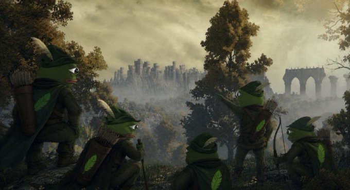 A group of green-skinned goblin-archer figures wearing leaf-marked hoods crouch in a misty forest overlooking a distant castle and stone ruins. The fantasy scene aligns with the post's "friends of Raviel" crypto giveaway theme, where the goblins appear as the mythical "friends" watching over the promotional airdrop announcement.