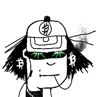 A simple black-and-white doodle-style illustration of a smiling character wearing a cap, with glowing green eyes and Chinese yuan (¥) symbols drawn on the hat and sides of the head.