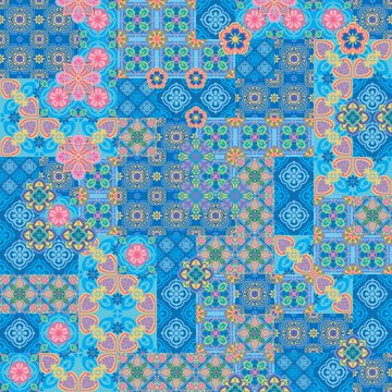 A vibrant, intricate geometric pattern in shades of blue, pink, and green with floral and cross motifs.