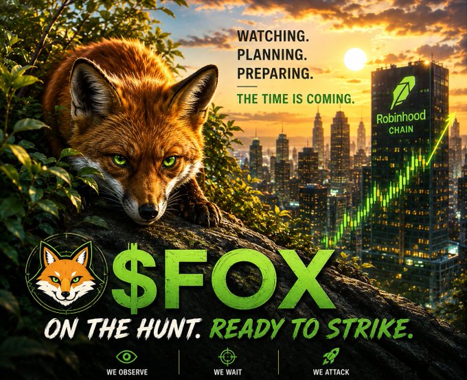 A promotional poster featuring a watchful fox in a tree, with text reading 'WATCHING. PLANNING. PREPARING. THE TIME IS COMING.', '$FOX ON THE HUNT. READY TO STRIKE.', and a 'Robinhood CHAIN' logo.