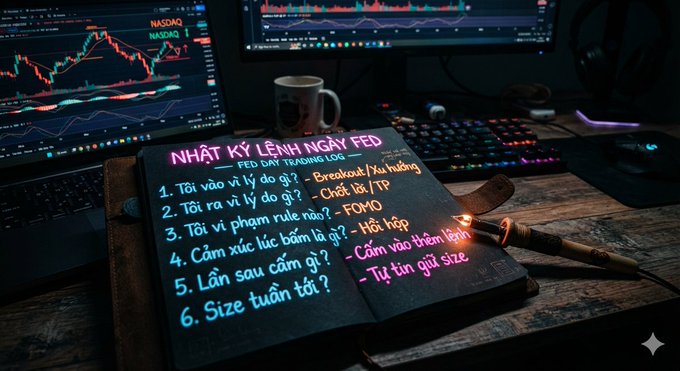 A dark-themed graphic featuring a notebook titled "NHẬT KÝ LỆNH NGÀY FED" (FED Day Trading Order Diary) with trading log questions in Vietnamese, set against a background of trading monitors displaying NASDAQ charts.