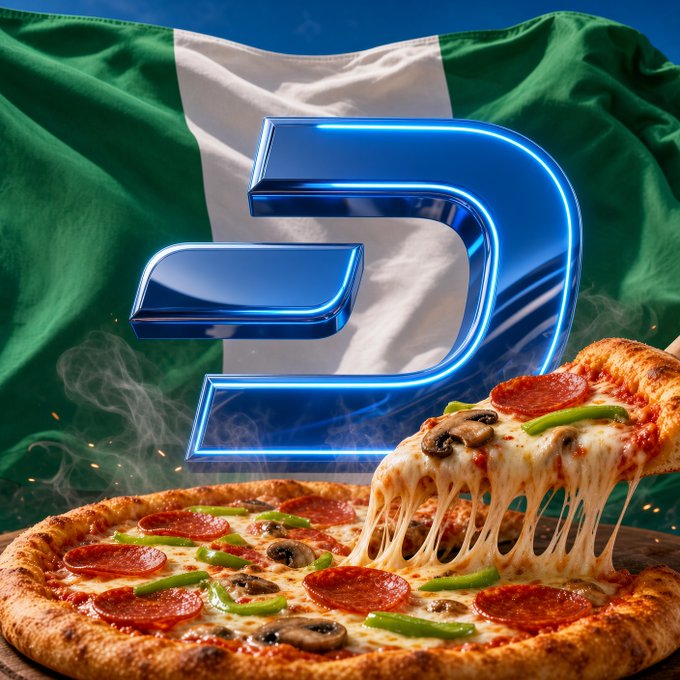 A steaming pepperoni and mushroom pizza with stretchy melted cheese sits in front of the Nigerian flag, alongside a glowing blue "DASH" crypto logo—visually symbolizing how Dash digital currency is fueling everyday real-world transactions and social moments across Nigeria.
