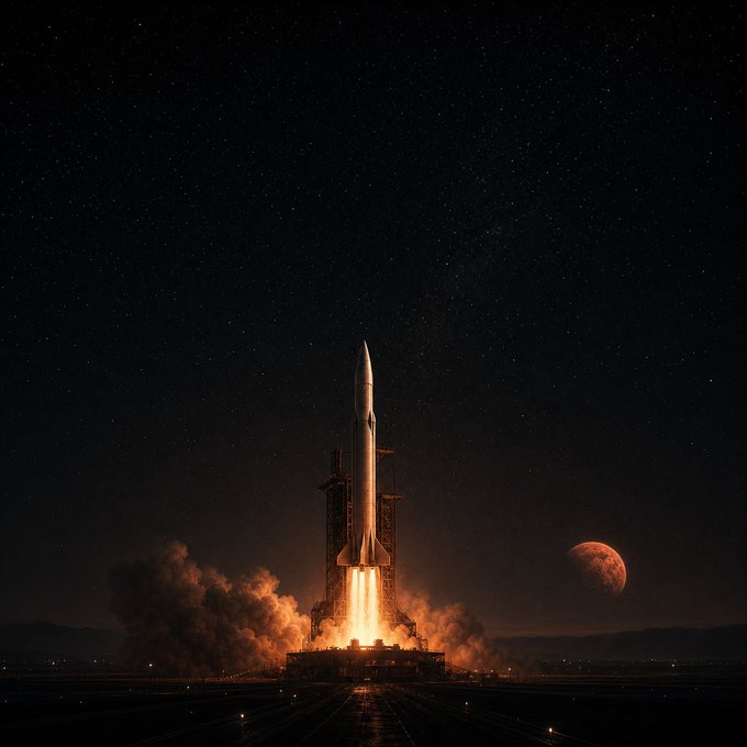 The image captures a rocket launching into space from the ground with a full moon visible behind it. A message has been added beneath the photo stating "Raydium fair launch closes today at 19:00 UTC, then it lists on Raydium". This information suggests that there is an ongoing event where the Moon will be visible in the image's vicinity when launching the rocket occurs.