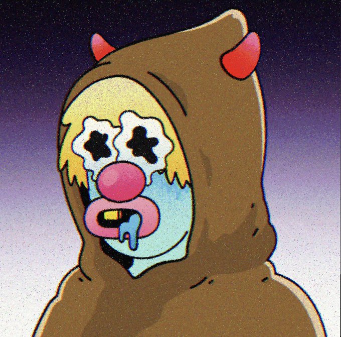 A stylized, somewhat unsettling illustration of a hooded figure wearing a disturbing clown-like mask with star-shaped eyes and a pink nose, against a starry purple background.