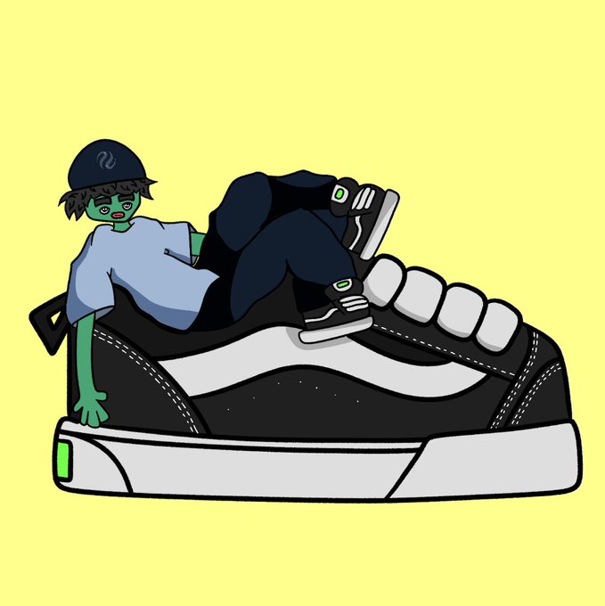 A cartoon illustration features a green-skinned character with a blue cap lounging inside an oversized black and white sneaker on a yellow background.
