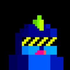Pixel art illustration of a blue character wearing a green hat and yellow-and-black striped glasses against a black background.