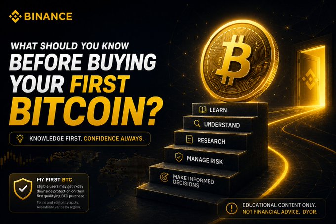 Binance educational infographic titled 'WHAT SHOULD YOU KNOW BEFORE BUYING YOUR FIRST BITCOIN?' featuring a gold Bitcoin on a staircase with steps for Learn, Understand, Research, Manage Risk, and Make Informed Decisions.
