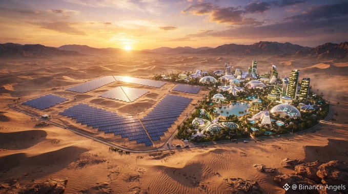 A futuristic solar-powered smart city concept built in a desert landscape with dome structures, mirrored skyscrapers, and large solar panel arrays under a golden sunset sky, credited to '@Binance Angels'.